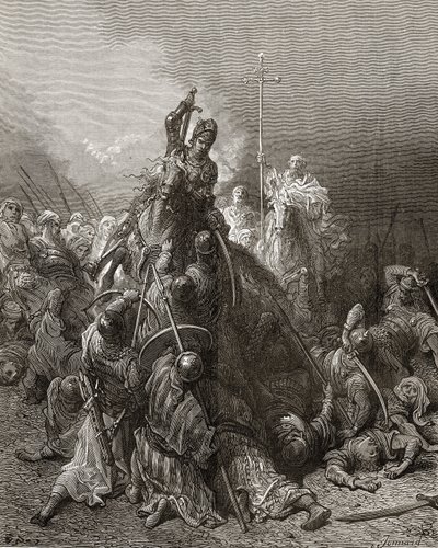 クリスチャンナイトはサラセン人と戦います。イラストはJFの「Bibliotheque des Croisades」のイラストです。ミショー、1877 作： Gustave Dore